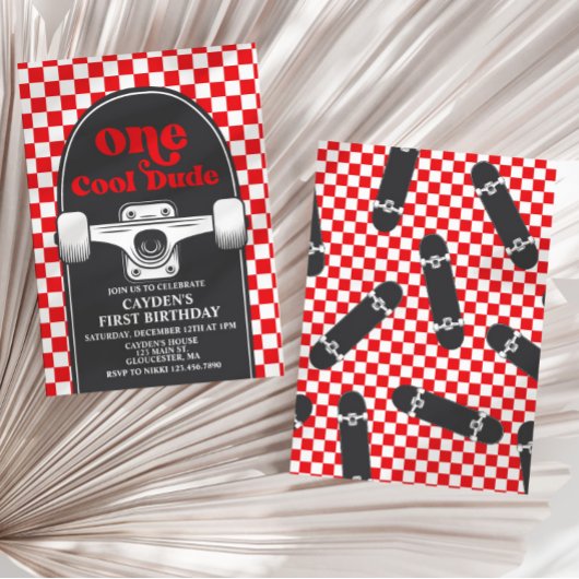 Skateboard One Cool guy 1st Birthday Uitnodiging