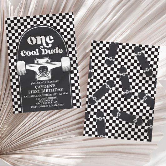 Skateboard One Cool guy 1st Birthday Uitnodiging