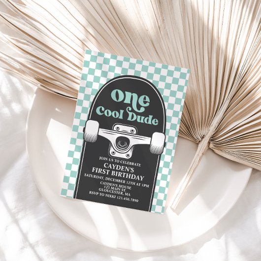 Skateboard One Cool guy 1st Birthday Uitnodiging