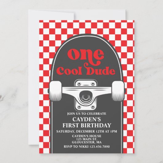 Skateboard One Cool guy 1st Birthday Uitnodiging (Voorkant)