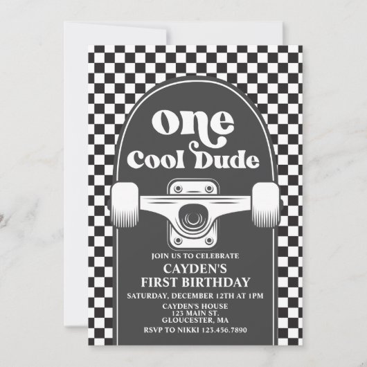 Skateboard One Cool guy 1st Birthday Uitnodiging (Voorkant)