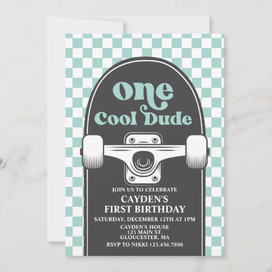 Skateboard One Cool guy 1st Birthday Uitnodiging (Voorkant)