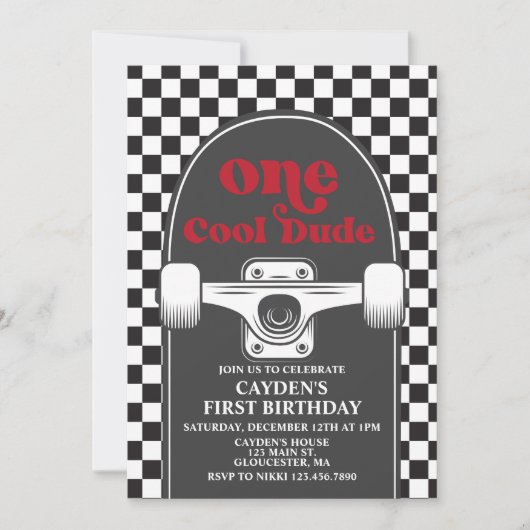 Skateboard One Cool guy 1st Birthday Uitnodiging (Voorkant)