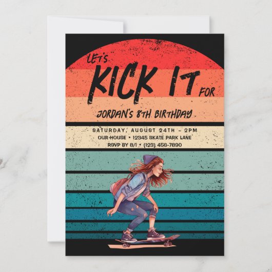 Skateboard Retro Sunset Foto Meisjes Verjaardagsfe Kaart (Voorkant)