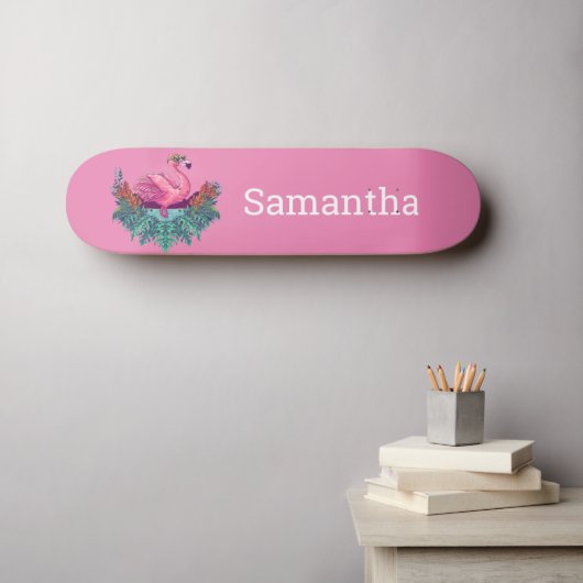 Skateboard Roze Glitter Flamingo (Muurkunst (Horizontaal))