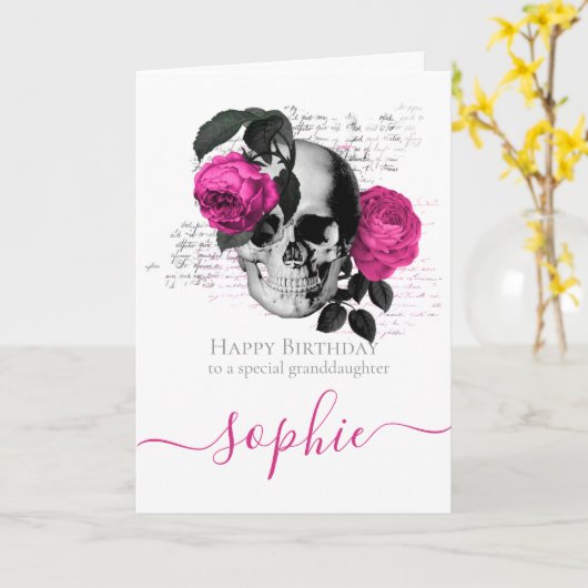 Skateboard Roze Skull-verjaardagskaart Kaart (Gele Bloem)