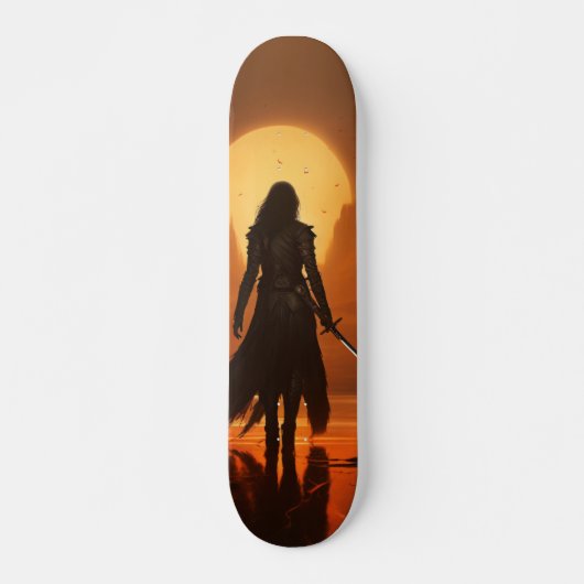 Skateboard Silueta de mujer guerrera al amanecer (Voorkant)