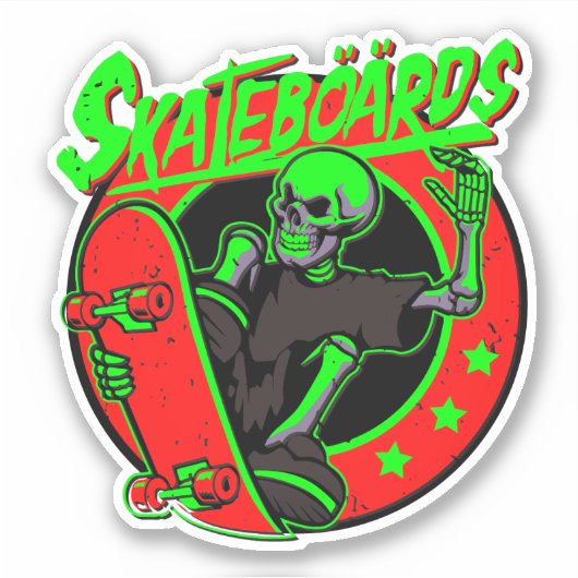 Skateboard Skeleton Red Green 4-inch Kus Cut Vinyl Sticker (Voorkant)