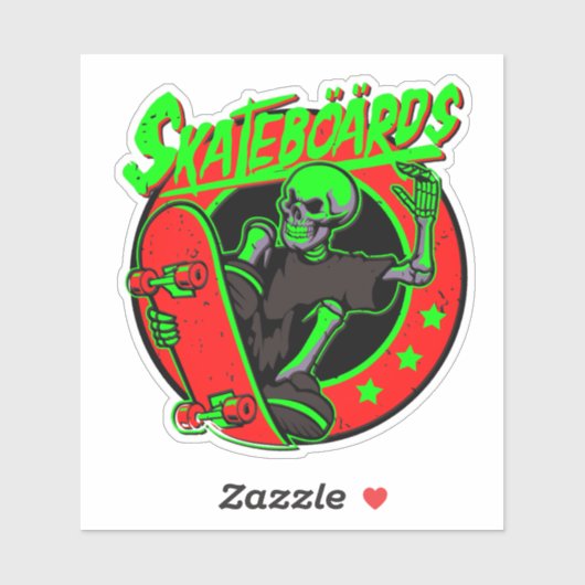Skateboard Skeleton Red Green 4-inch Kus Cut Vinyl Sticker (Vel)