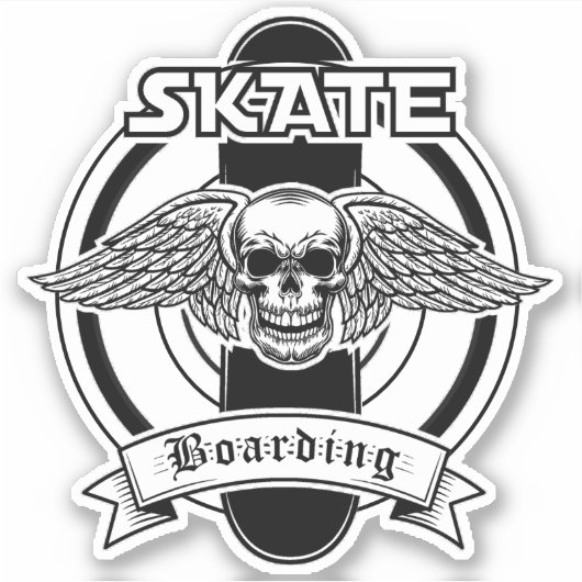Skateboard Skull Black White 4-inch Kus Cut Vinyl Sticker (Voorkant)