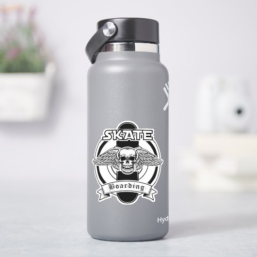 Skateboard Skull Black White 4-inch Kus Cut Vinyl Sticker (HydroFlask)