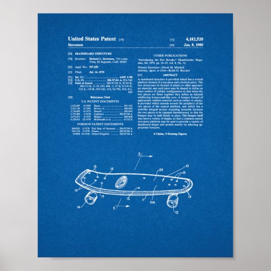 Skateboard Structure Patent - Blauwdruk Poster (Voorkant)