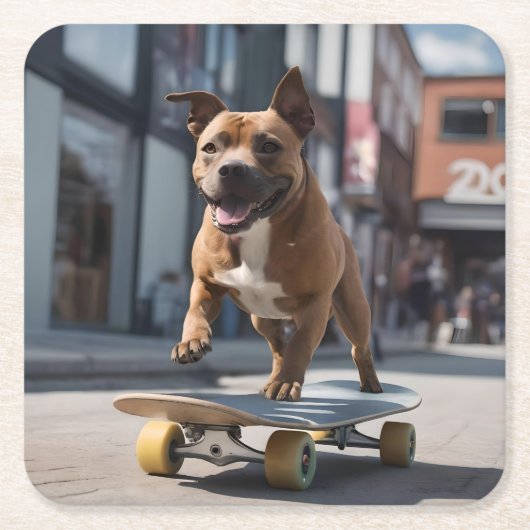 Skateboard Stunt: een Staffy in beweging Kartonnen Onderzetters (Voorkant)