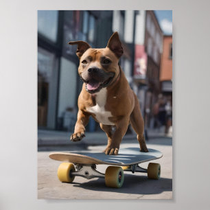 Skateboard Stunt: een Staffy in beweging Poster