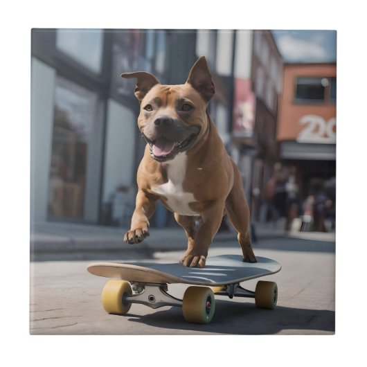 Skateboard Stunt: een Staffy in beweging Tegeltje (Voorkant)