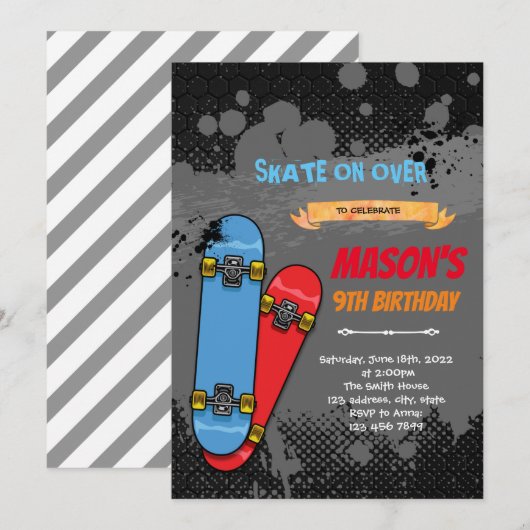 Skateboard-uitnodiging Bedankkaart (Voorkant / Achterkant)