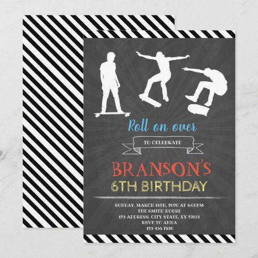 Skateboard verjaardagsfeestje uitnodiging (Voorkant / Achterkant)