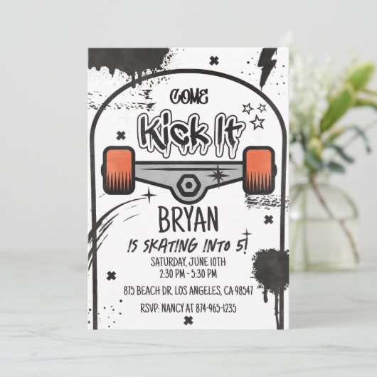 Skateboard White Invitation Kaart (Staand voorkant)