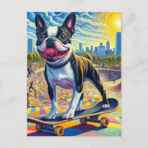 Skateboarden Boston Terrier Kleurrijk Leuk Surreal Briefkaart