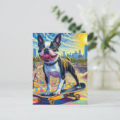 Skateboarden Boston Terrier Kleurrijk Leuk Surreal Briefkaart (Staand voorkant)