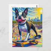 Skateboarden Boston Terrier Kleurrijk Leuk Surreal Briefkaart (Voorkant / Achterkant)