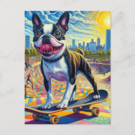 Skateboarden Boston Terrier Kleurrijk Leuk Surreal Briefkaart