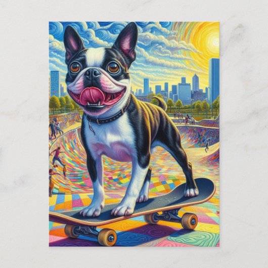 Skateboarden Boston Terrier Kleurrijk Leuk Surreal Briefkaart (Voorkant)