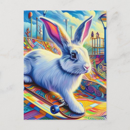 Skateboarden Bunny Surreal Kleurrijk en Leuk Briefkaart (Voorkant)