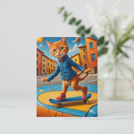 Skateboarden Ginger Cat Briefkaart (Staand voorkant)
