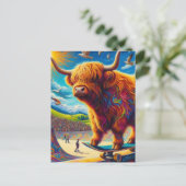 Skateboarden Highland Koe Kleurrijk Fun Surreal Briefkaart (Staand voorkant)