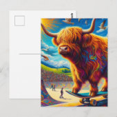 Skateboarden Highland Koe Kleurrijk Fun Surreal Briefkaart (Voorkant / Achterkant)