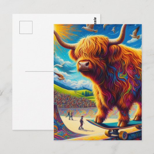 Skateboarden Highland Koe Kleurrijk Fun Surreal Briefkaart (Voorkant / Achterkant)