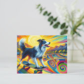 Skateboarden Kleurrijke Surreal Border Collie Briefkaart (Staand voorkant)