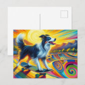 Skateboarden Kleurrijke Surreal Border Collie Briefkaart (Voorkant / Achterkant)