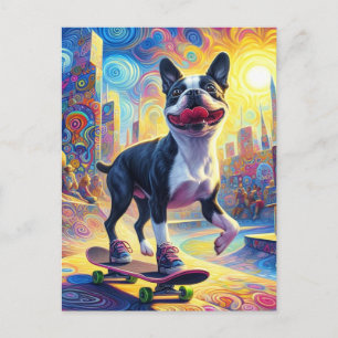 Skateboarden Kleurrijke Surreal Boston Terrier Briefkaart