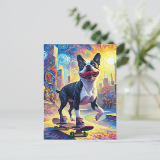 Skateboarden Kleurrijke Surreal Boston Terrier Briefkaart (Staand voorkant)