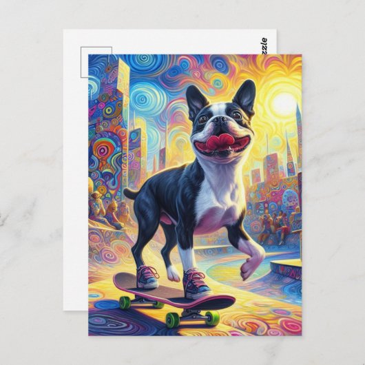Skateboarden Kleurrijke Surreal Boston Terrier Briefkaart (Voorkant / Achterkant)
