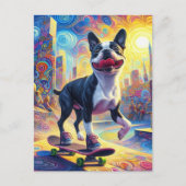 Skateboarden Kleurrijke Surreal Boston Terrier Briefkaart (Voorkant)