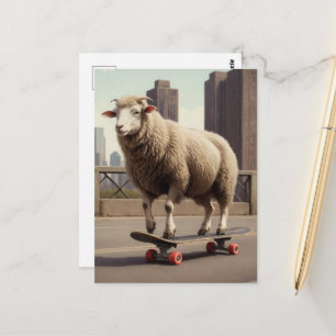 Skateboarden met witte schapen in de stad briefkaart