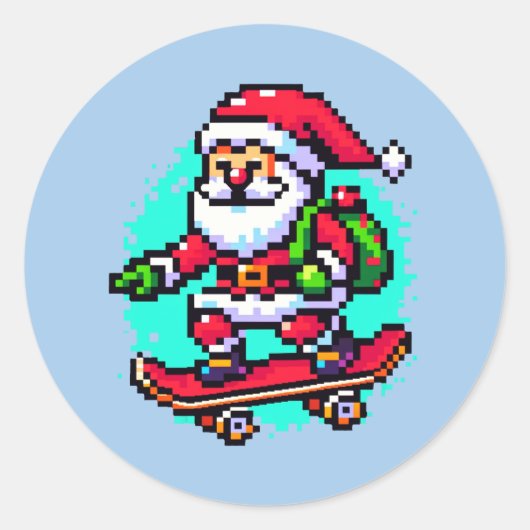 Skateboarden Santa - Fun Pixel Art Holiday Design Ronde Sticker (Voorkant)