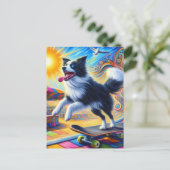 Skateboarden Schattig Surreal Border Collie Briefkaart (Staand voorkant)