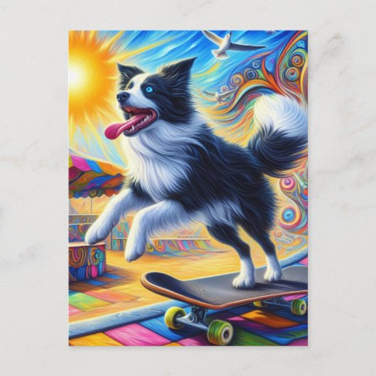 Skateboarden Schattig Surreal Border Collie Briefkaart (Voorkant)