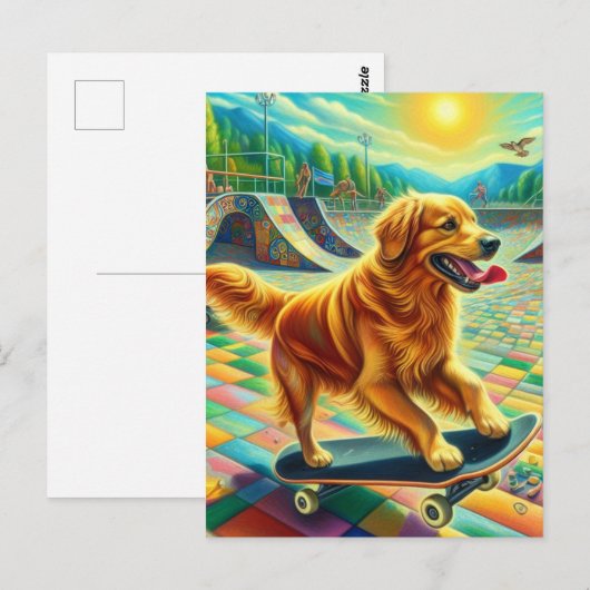Skateboarden Schattige Golden Retriever Dog Briefkaart (Voorkant / Achterkant)