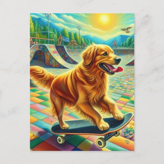 Skateboarden Schattige Golden Retriever Dog Briefkaart (Voorkant)