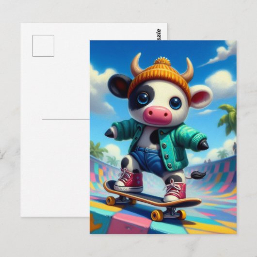 Skateboarden Schattige Koe Briefkaart (Voorkant / Achterkant)