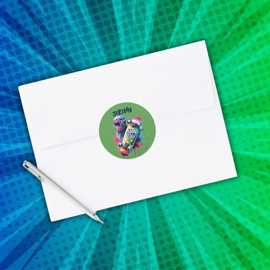 Skateboarden Skater Happy Birthday Monogram GR | Ronde Sticker