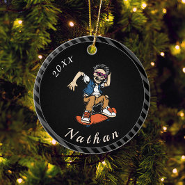 Skateboarden Skater Name & Year Striped Keramisch Ornament