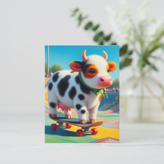 Skateboarden Surreal Kleurrijke en Leuke Koe Briefkaart (Staand voorkant)
