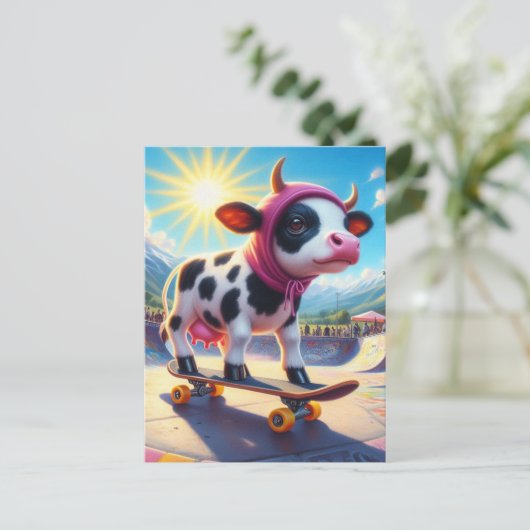 Skateboarden Surreal Koe Briefkaart (Staand voorkant)