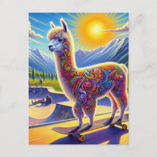 Skateboarden Surreal Schattig Alpaca Briefkaart (Voorkant)